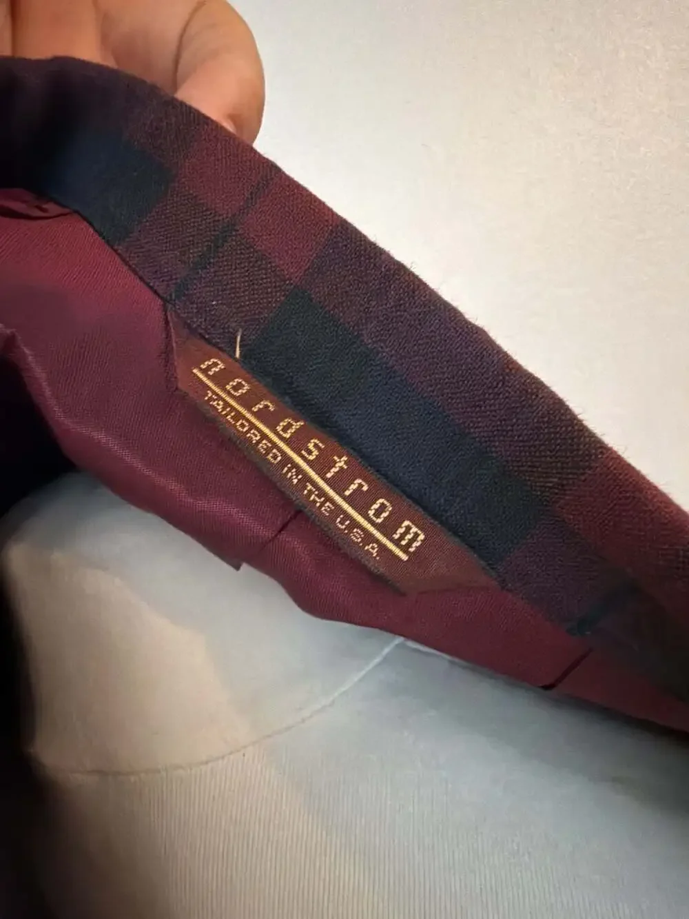 Nordstrom Plaid Tuxedo Dinner Jacket Burgundy Black Satin Shawl Collar